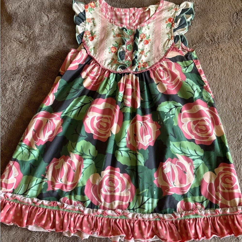 Matilda Jane Girls Floral Ruffle Dress Pink Green Rose Print Size 6